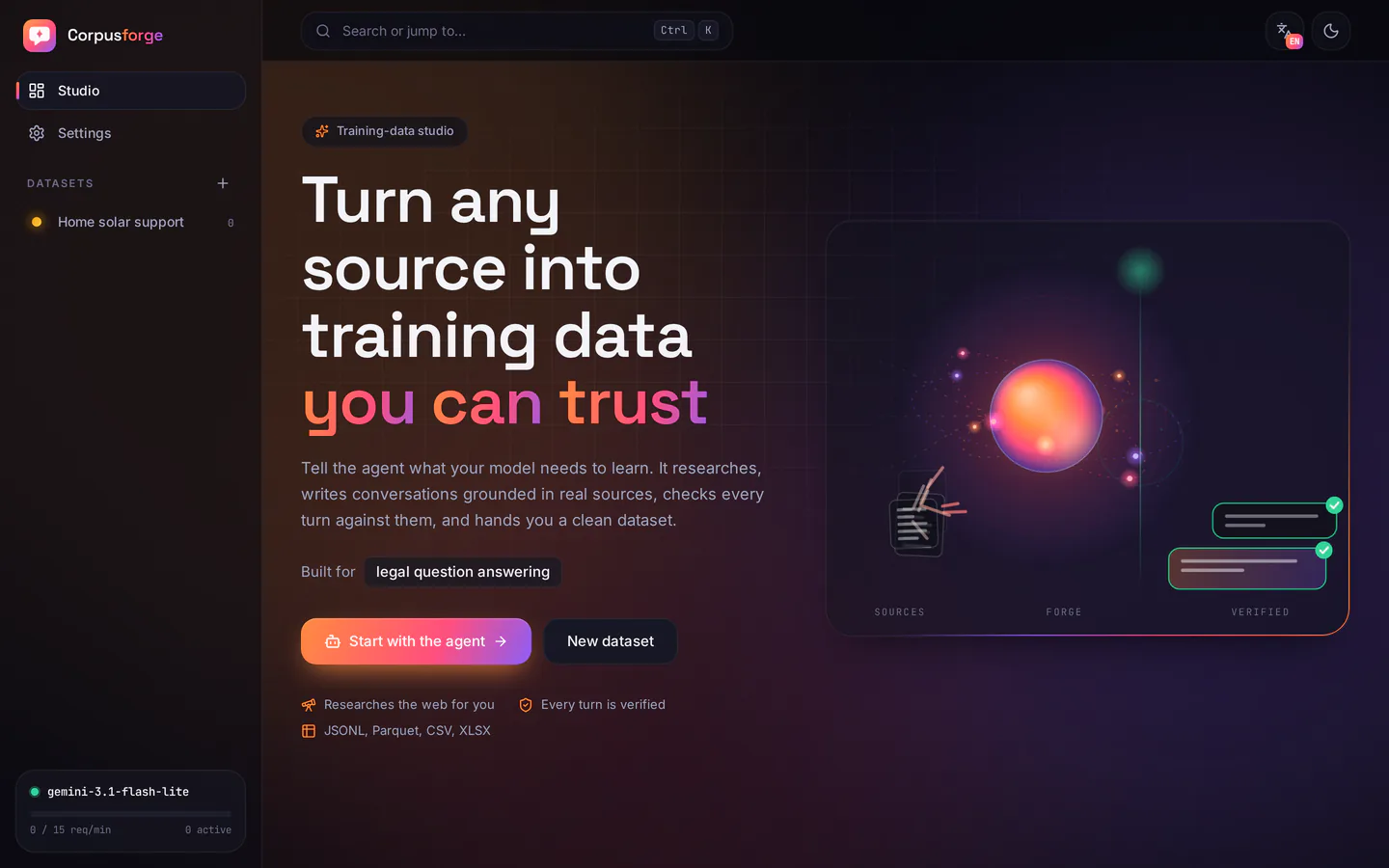 Studio home: "Turn any source into training data you can trust", with the animated sources-forge-verified scene.