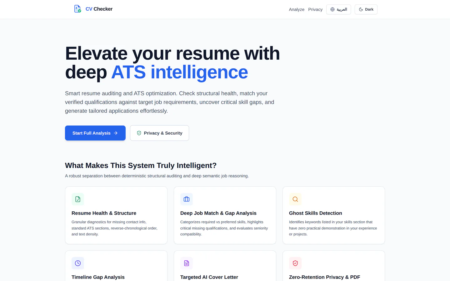 Landing page: "Elevate your resume with deep ATS intelligence".
