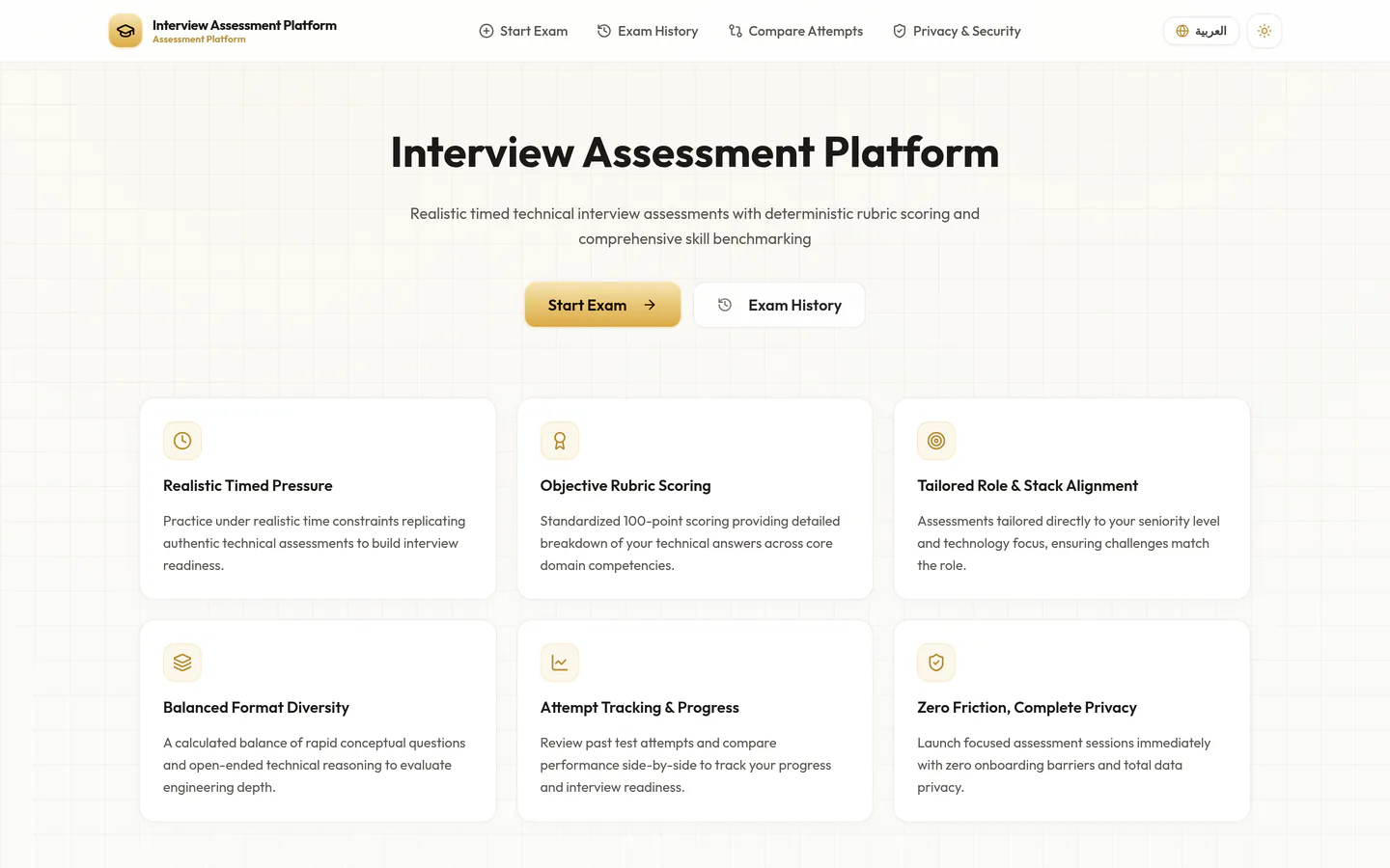 Home page of the Interview Assessment Platform with its six core capabilities.